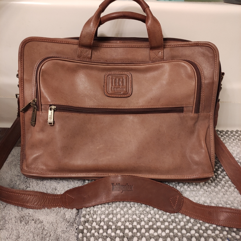 HIT Tech Soft Brown Genuine Leather Laptop Computer Shoulder Bag Organizer